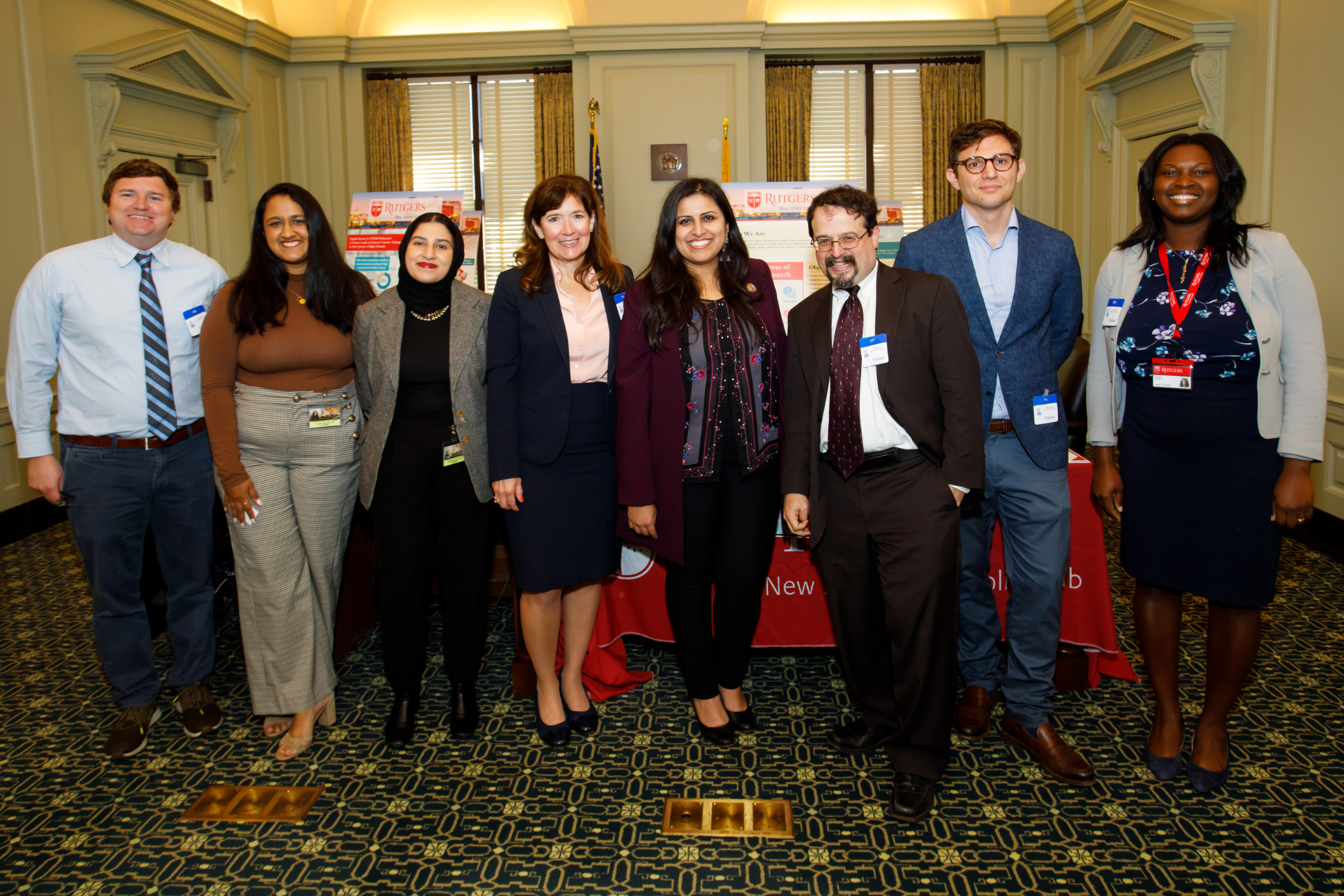 Left to right: Dr. Michael Hayes, Riya Kamboj, Hira Shaikh, Dr. Elizabeth Cooner, Assemblywoman Sadaf Jaffer, Dr. Stuart Shapiro, Dr. Gregory Porumbescu, Dr. Vandeen Campbell