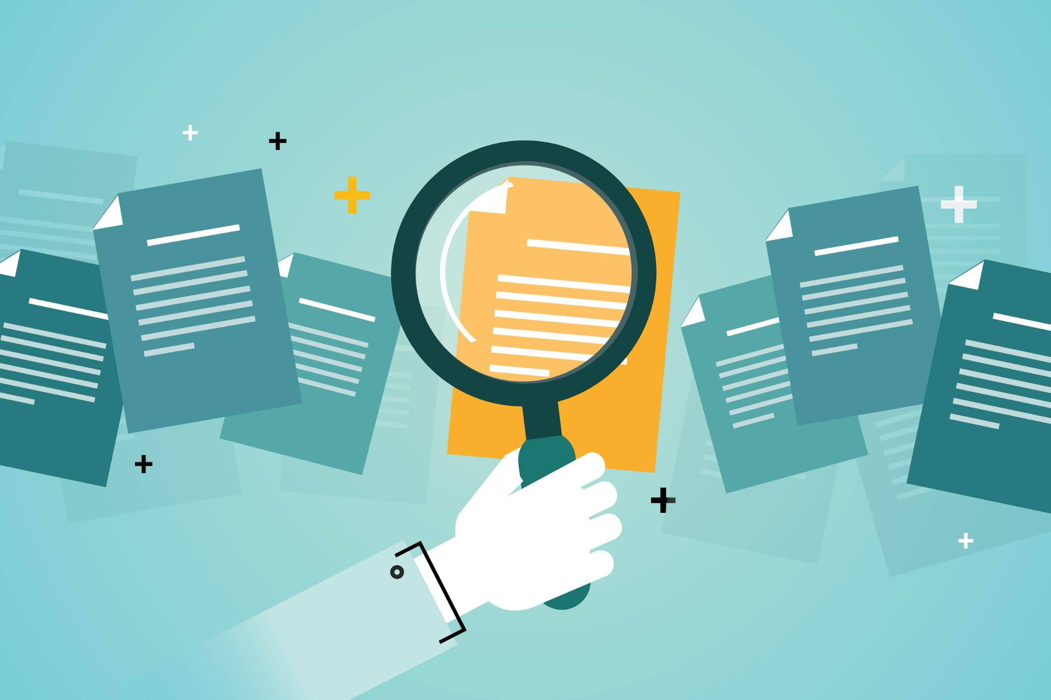Graphic of a cartoon hnd holding a magnifying glass over a yellow document with blue documents spread out on either side