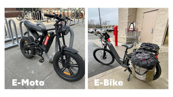 Higher‑speed e‑moto at a university (left) and a low‑speed e‑bike at a grocery store (right).